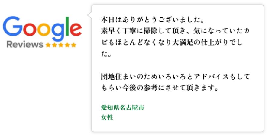 Googleレビュー（5つ星）。愛知県名古屋市の女性のお客様。エアコン清掃が迅速かつ丁寧で心配だったカビもほぼなくなり満足。集合住宅での生活に合わせたアドバイスもいただいた、という口コミの図。