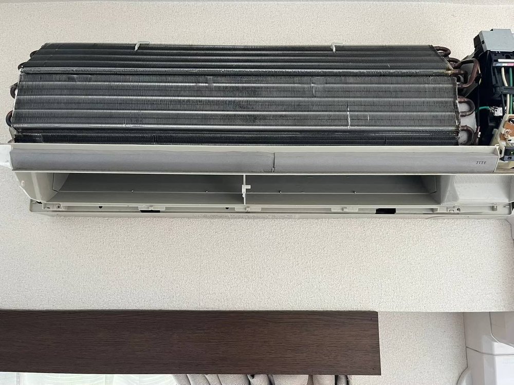 カバーを外したエアコン内部。熱交換器にホコリやカビが付着している